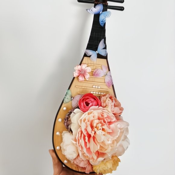 Decorative Pipa Musical Instrument with Silk Flowers Butterflies Pearls - Picture 2 of 5